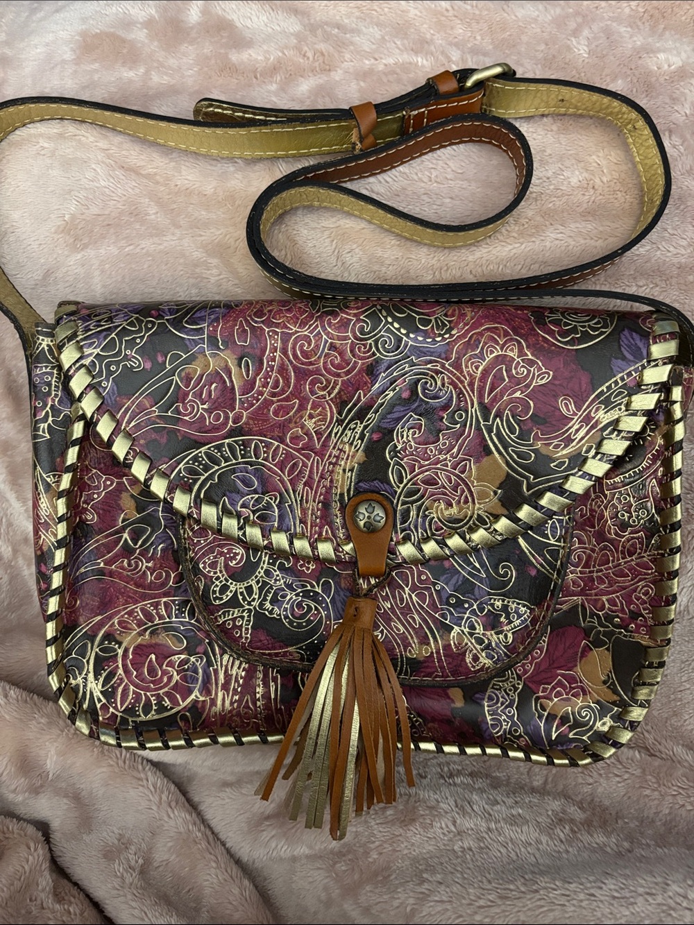 Patricia Nash-Boho Floral Embossed Crossbody Bag in Burgundy with Tassel